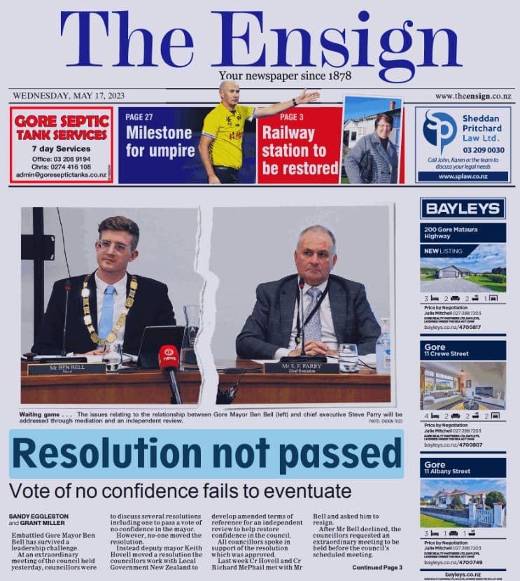 The Gore Ensign newspaper, in print since 1878, reports the surprise outcome of Tuesday's meeting.