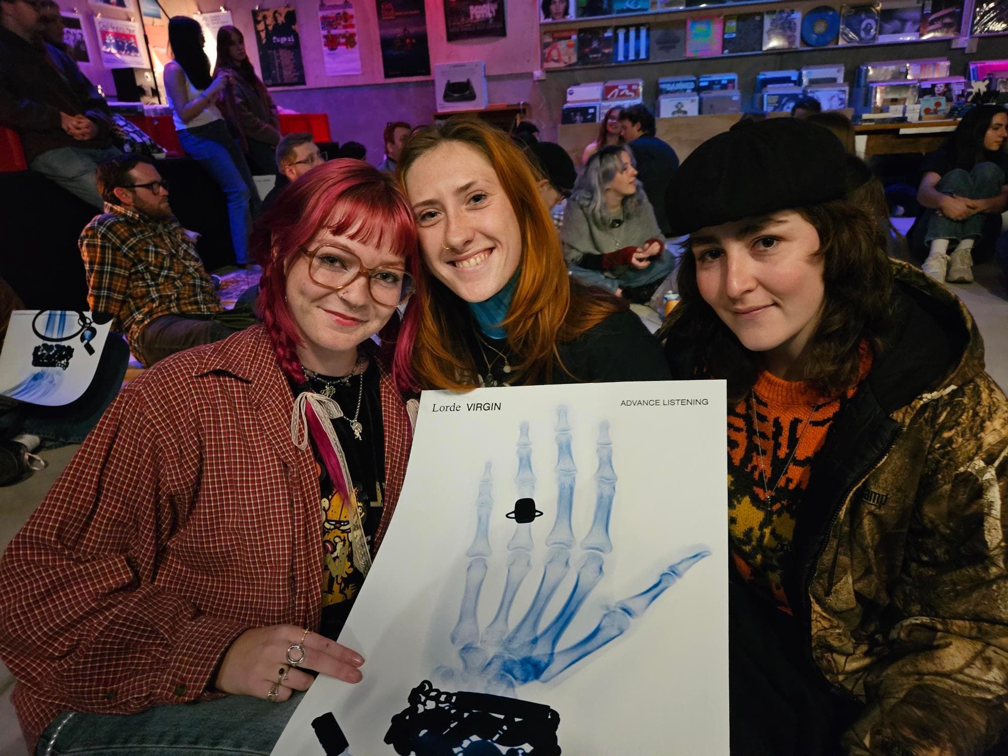 Lucy Donaldson, Maia Rose and Izzy Benstone at a Lorde listening party in Christchurch.