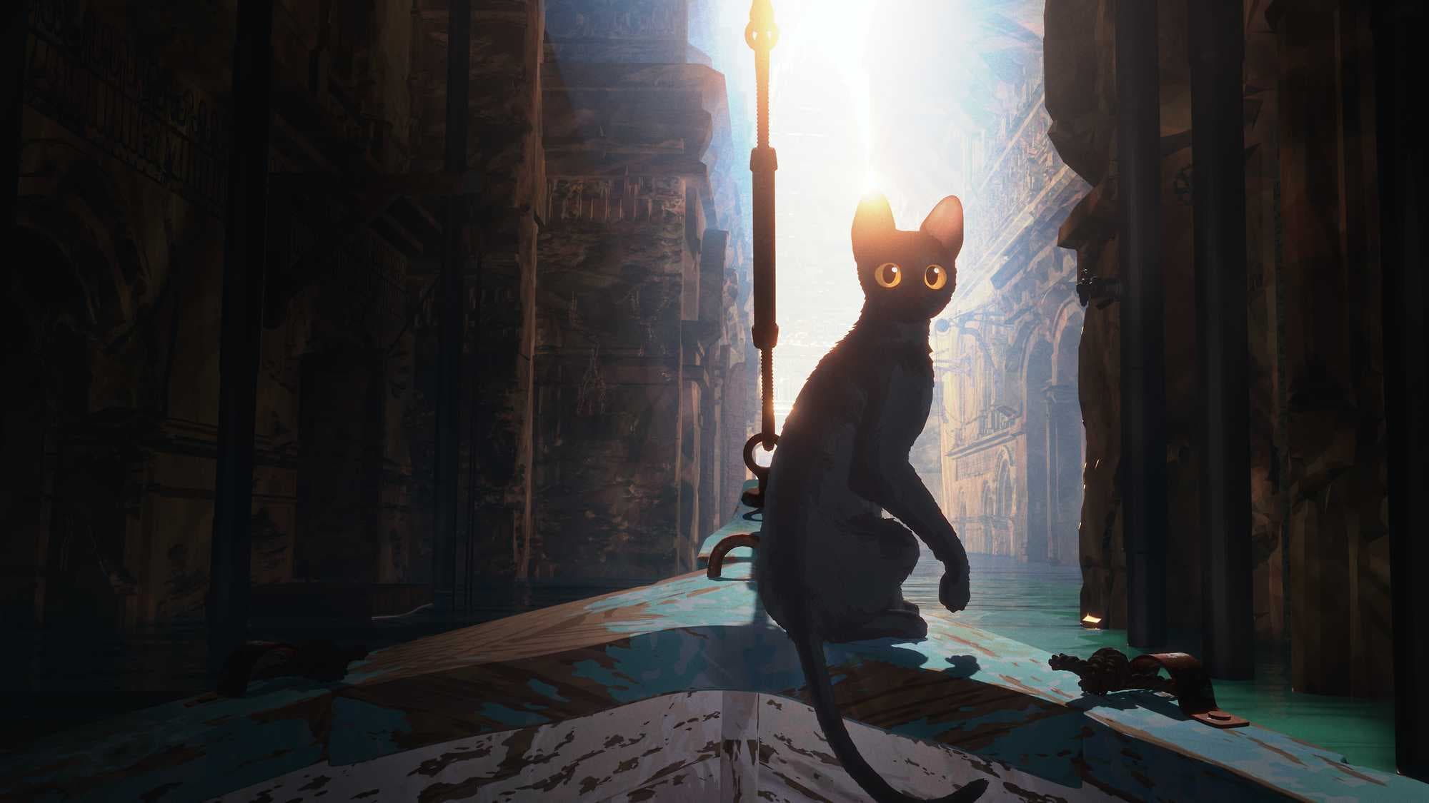 An animated image of a cat with extra large eyes, ears sticking up on a gothic looking street.