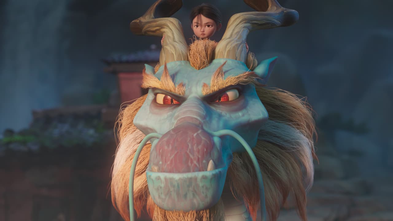 Animation from the film Dragonkeeper, which depicts a dragon with a young girl sitting between the two horns on its head