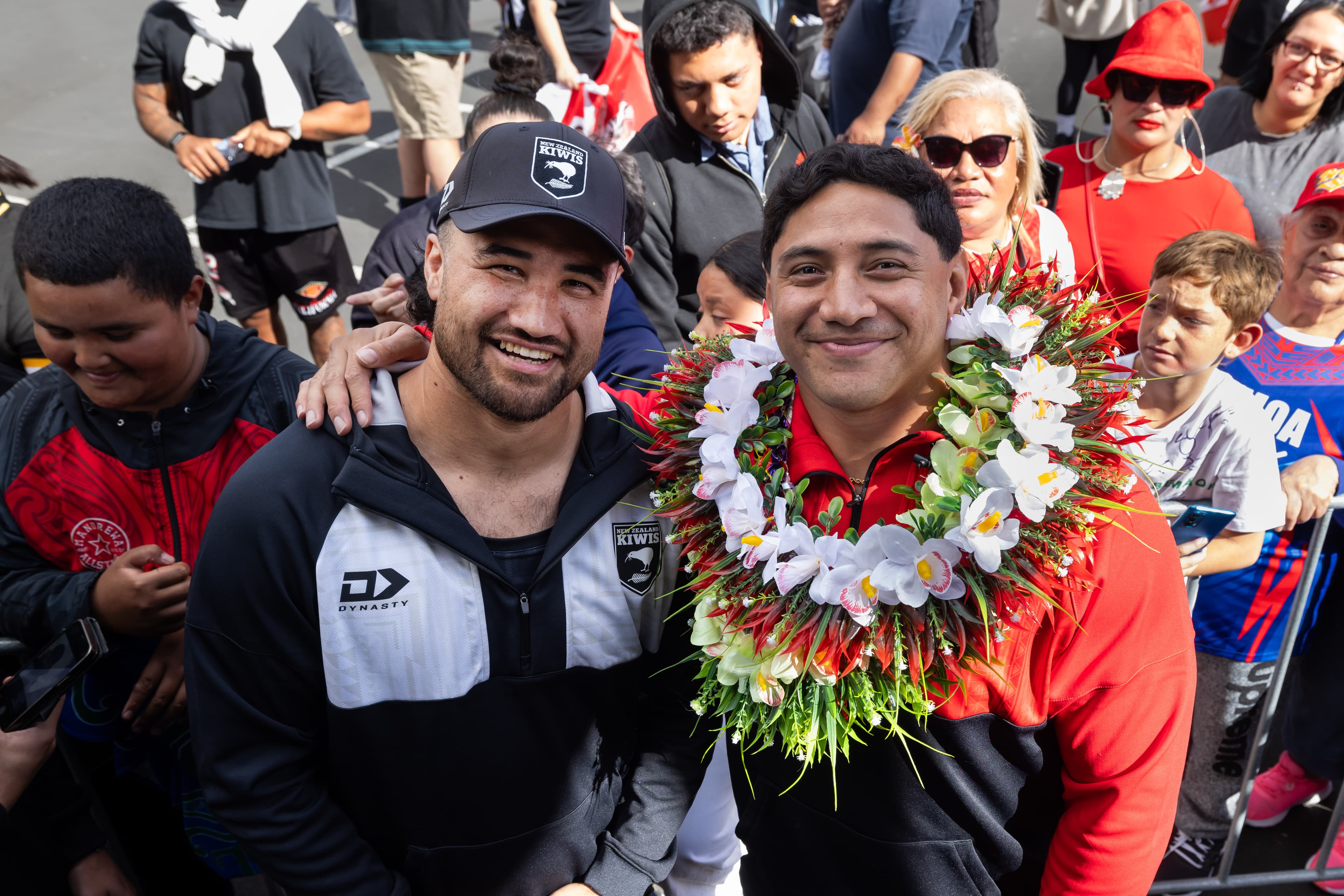 Kiwis centre Peta Hiku with Tonga forward Jason Taumalolo during the Kiwis Fan Day at Lilyworld.