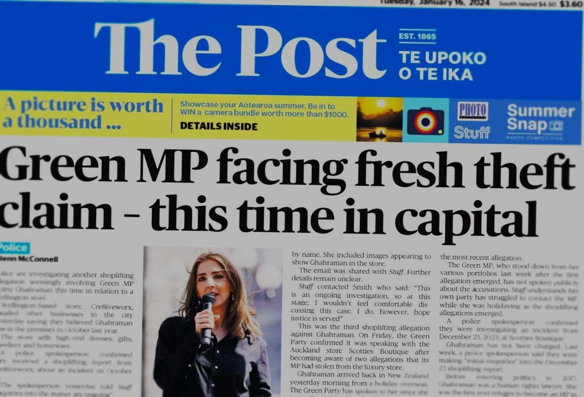 Allegations of a third instance of shoplifting fill the front page of The Post shortly before the Green MP announced her resignation.