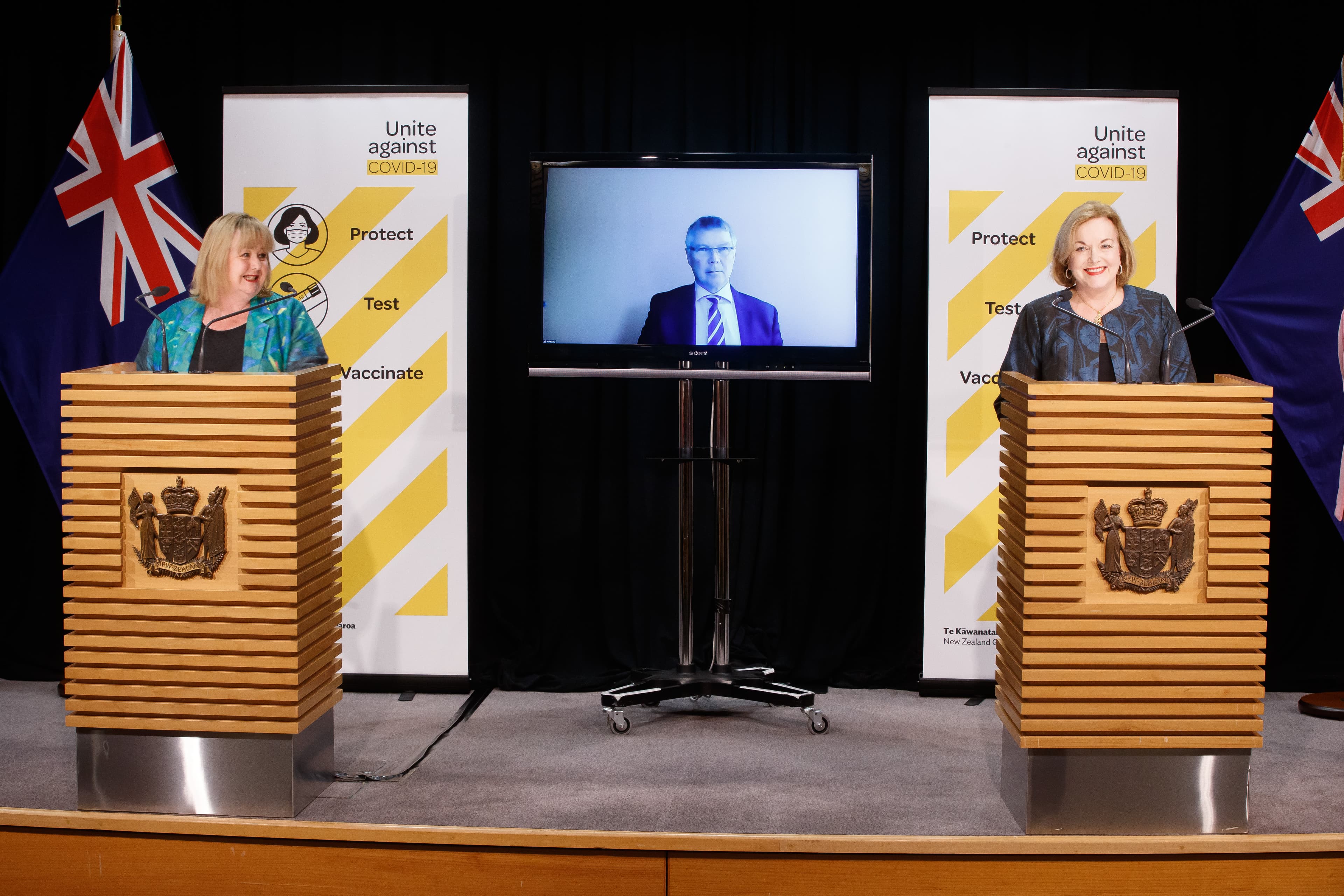 Housing Minister Megan Woods, left, Environment Minister David Parker, on screen, and National's leader Judith Collins. The parties worked together on a Bill to amend the Resource Management Act making it easier to build houses.