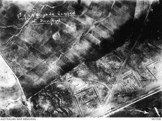 SURAFEND, PALESTINE. C. 1918. AERIAL PHOTOGRAPH OF THE CAMP OF THE 5TH AUSTRALIAN LIGHT HORSE ...