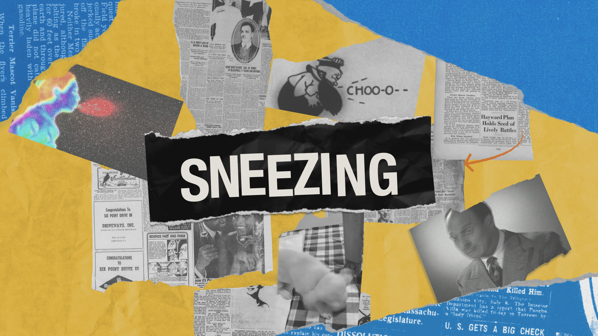 Title of Sneezing, and images of news articles and people sneezing.