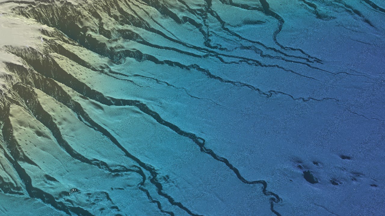 An overview of the underwater landscape showing canyons extending like veins from a rugged plateau and pockmarks in the smooth seafloor surface.