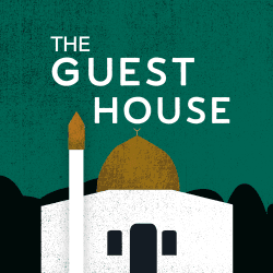 A white Muslim mosque with a golden roof surrounded by the abstract shapes of the trees on a dark green background. The text above it says "The guest house".