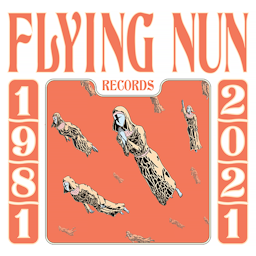 A podcast cover for "Flying Nun Records" featuring the years 1981 and 2021. The title is in bold, stylized orange text at the top. The central image shows several illustrated nuns in brown robes, depicted as if they are flying, against a peach background. The words "Flying Nun" are flanked by the years 1981 on the left and 2021 on the right, both in vertical orientation.