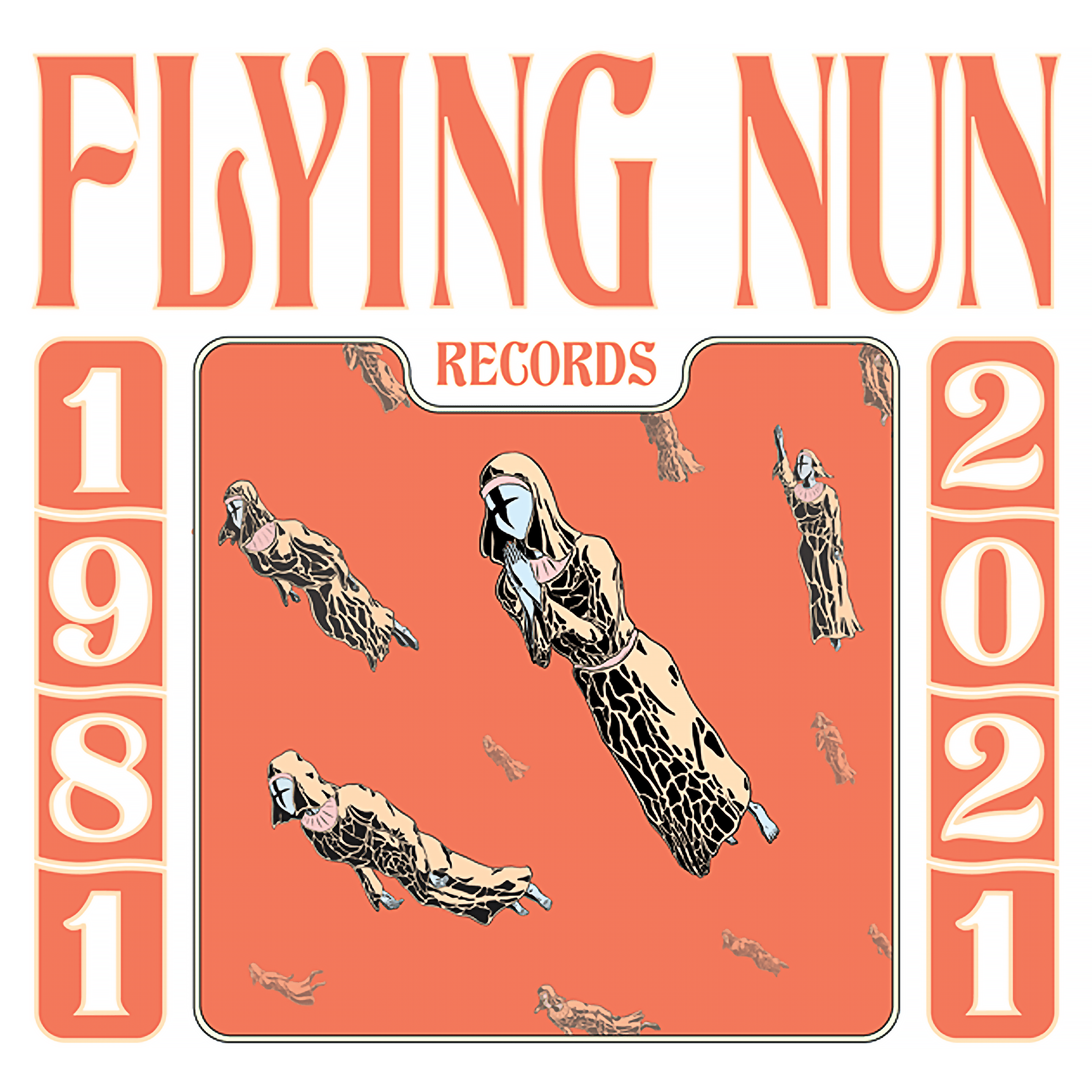 A podcast cover for "Flying Nun Records" featuring the years 1981 and 2021. The title is in bold, stylized orange text at the top. The central image shows several illustrated nuns in brown robes, depicted as if they are flying, against a peach background. The words "Flying Nun" are flanked by the years 1981 on the left and 2021 on the right, both in vertical orientation.