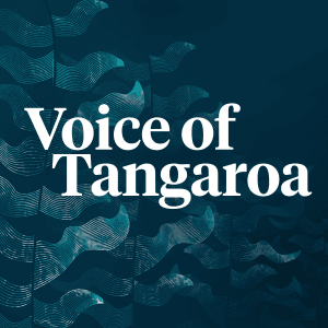 Stylised kelp graphic ontop of dark ocean coloured background, with 'Voice of Tangaroa' on top