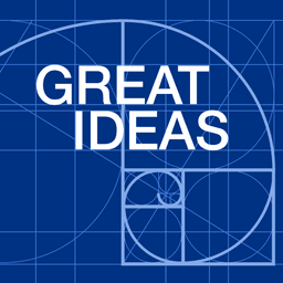 A dark blue background with a golden ratio and many different shapes with a large white title in capital letters saying "Great Ideas".