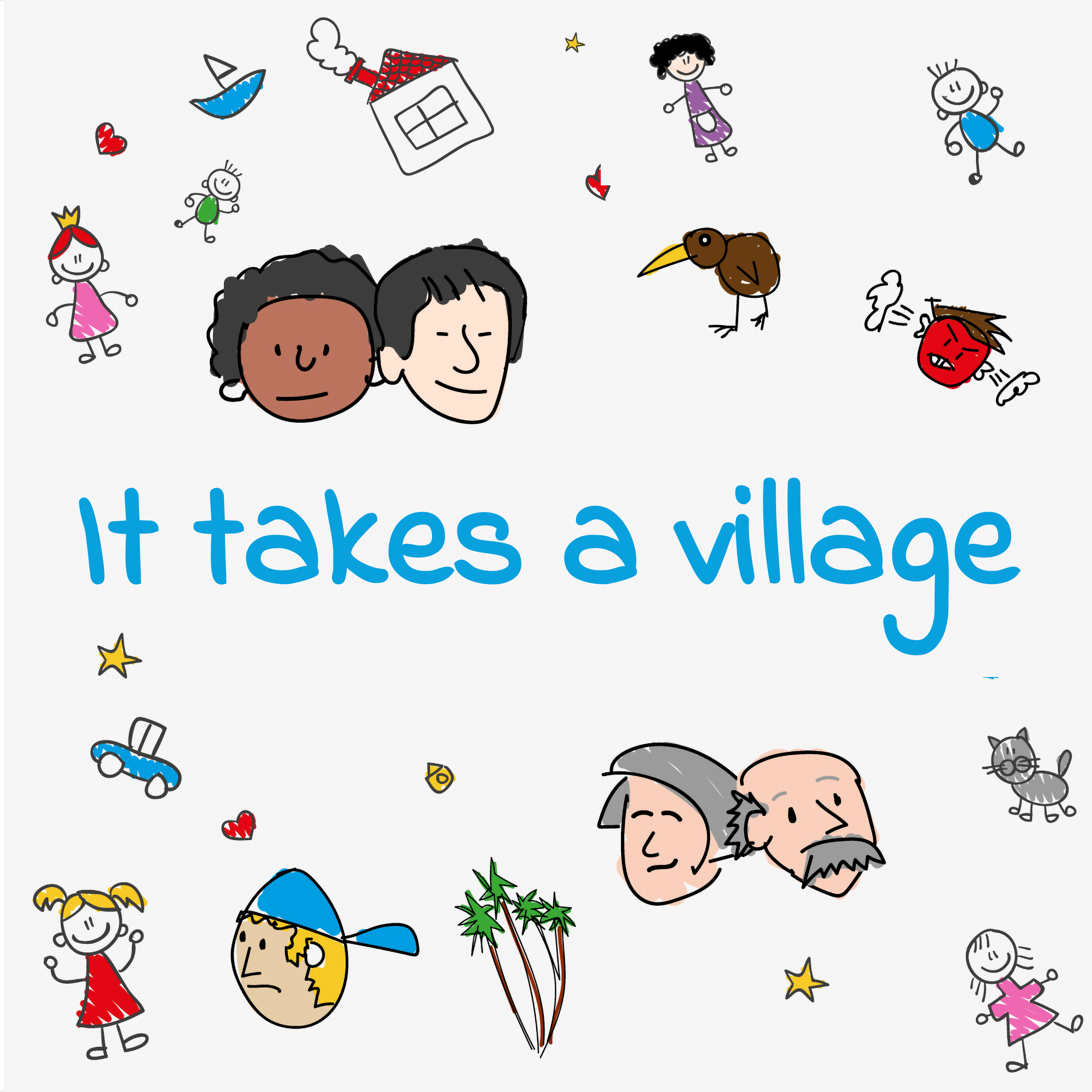 Hand-drawn doodles on a light background. The title is written in a blue, playful font in the center. Around the title are various doodles, including children, a house, a kiwi bird, and an elderly couple. There is also a red heart, a blue car, and stars scattered around the cover.