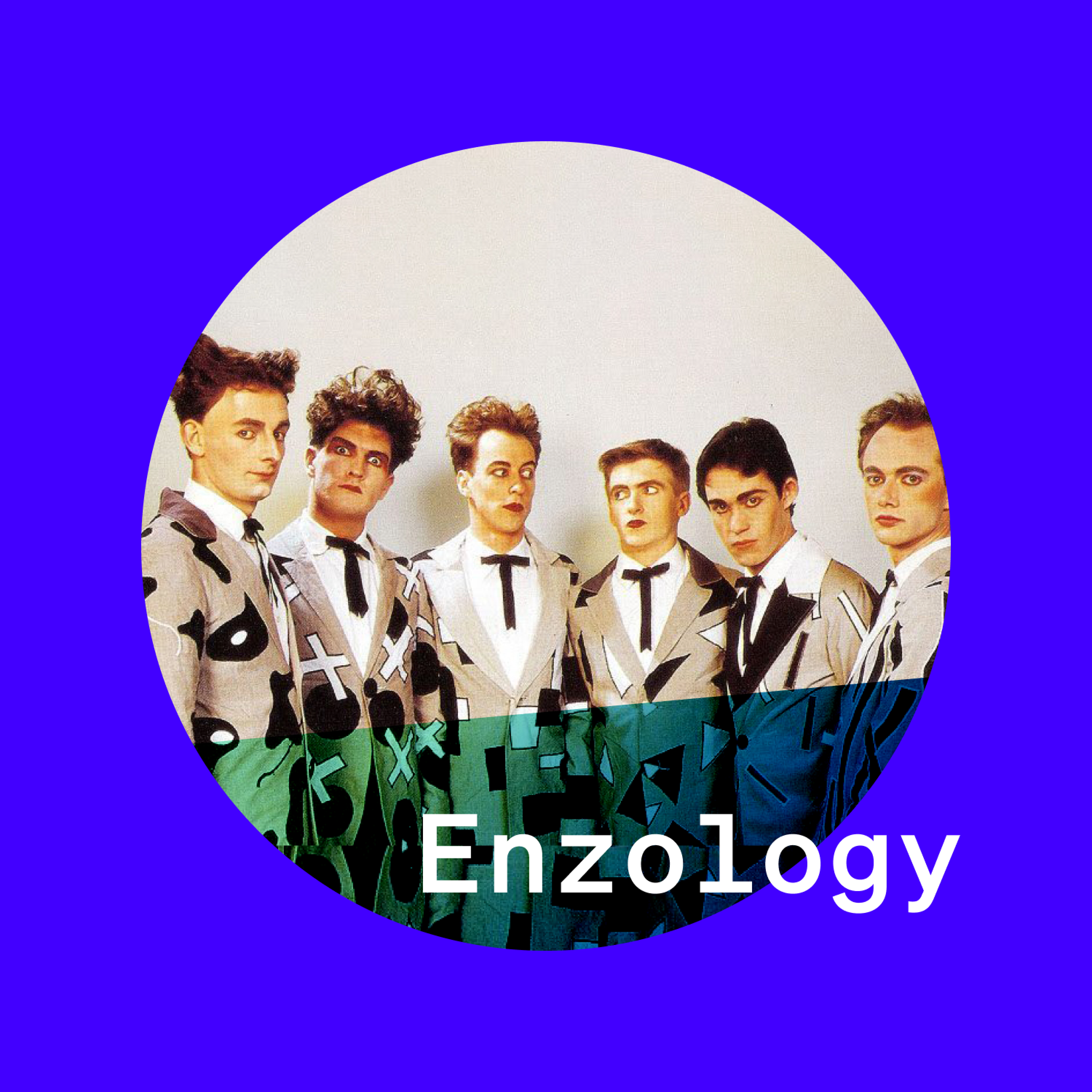 Round image of the "Split Enz" band on a blue background. Text reads Enzology.