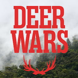 Mist shrouded bush covered hills fill the background, in front the text reads "Deer Wars" is a font reminiscent of Westerns along with a pair of crossed antlers