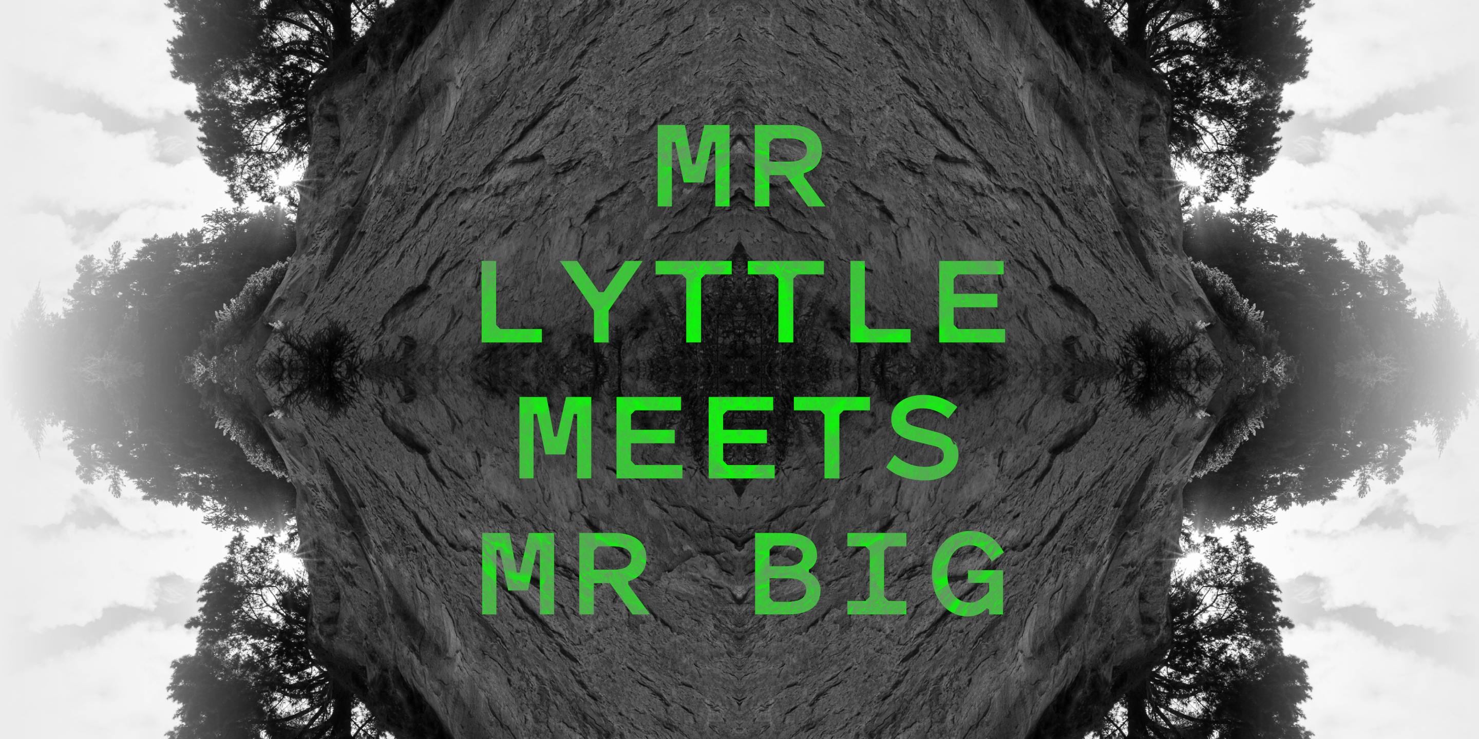 Promotional image for the 'Mr Lyttle Meets Mr Big' podcast. A moody black and white landscape is mirrored vertically and horizontally, creating a rorschach like effect with the name of the podcast in a vibrant green overlaid.