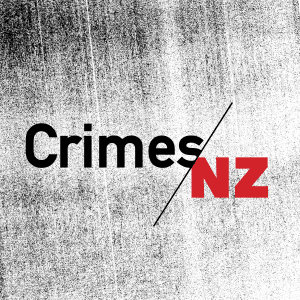 A podcast cover for "Crimes NZ' with a podcast name on dark noisy background.