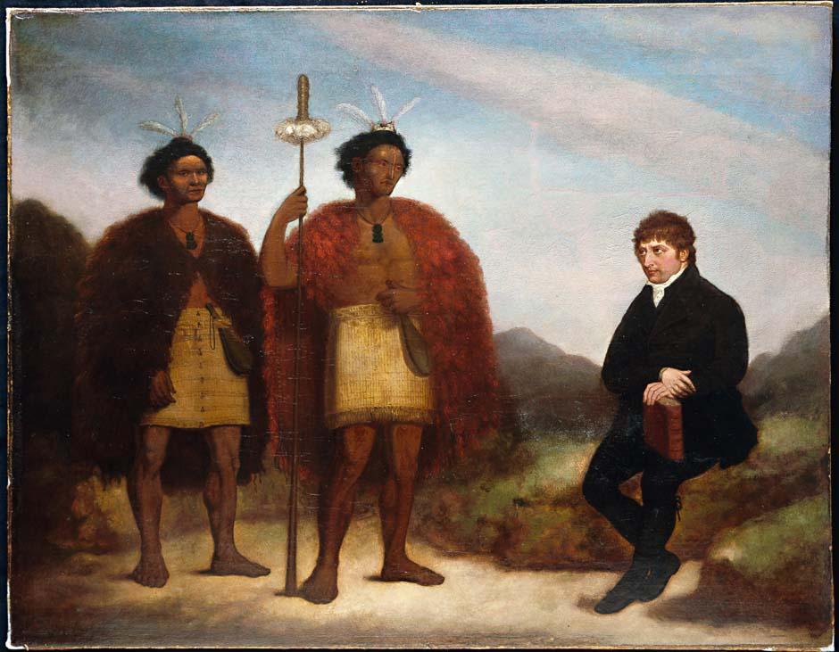 Painting of Thomas Kendall (right), and the Ngāpuhi rangatira Hongi Hika (center) and Waikato (left). Painted in 1820.