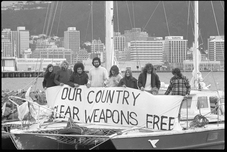 CANWAR protesters on a yacht in Wellington Harbour, protesting against the entrance of American nuclear warships into Wellington, August 1976. From Evening Post