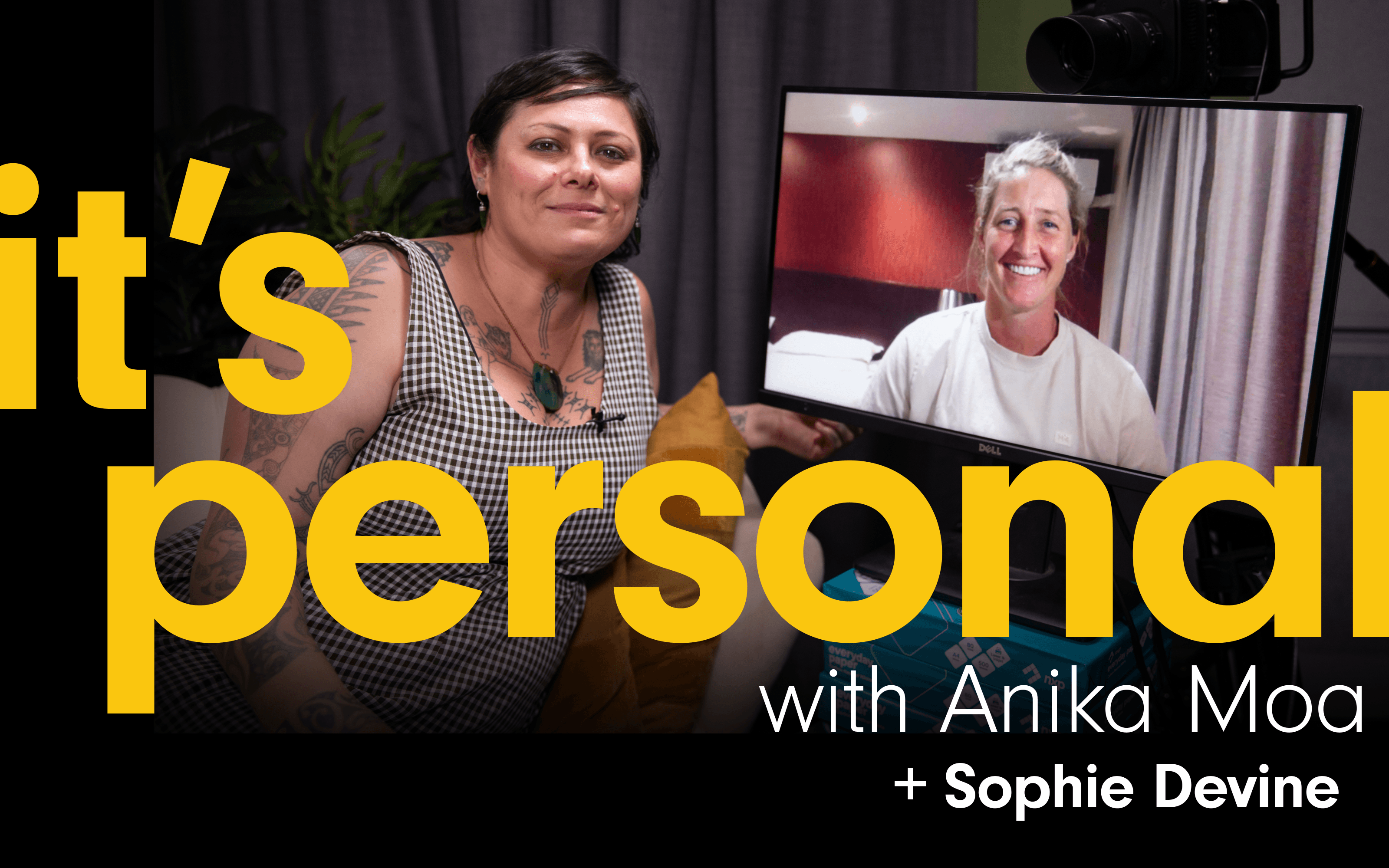 Photo of Anika Moa and guest smiling. They are sitting on the couches where the interview takes place. The podcast title ‘It’s Personal with Anika Moa ’ Is written Plus the guest’s name,