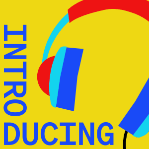 The background is yellow, and the central image is a pair of headphones in red, blue, and light blue colors. The word "INTRODUCING" is displayed in blue text, with "INTRO" oriented vertically on the left side and "DUCING" horizontally at the bottom.