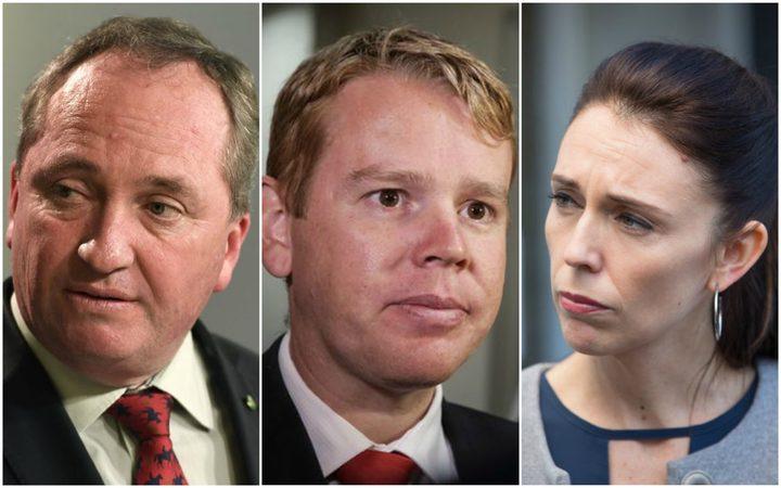 (From left) Barnaby Joyce, Chris Hipkins and Jacinda Ardern.