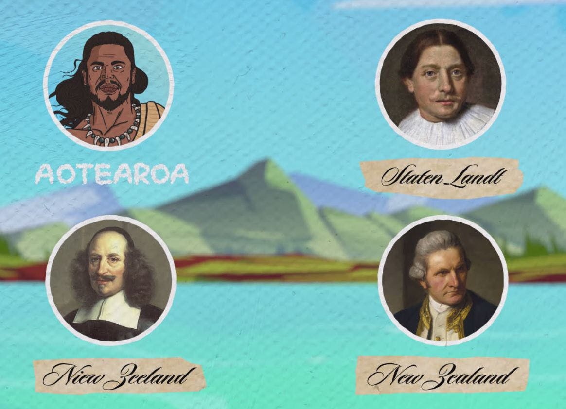 An illustration of New Zealand with the faces of Kupe, Abel Tasman, Captain Cook and Joan Blaeu. Below each face is the name they gave to the land - Aotearoa, Staten Landt and New Zealand.