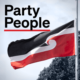 The Māori flag flies over a black and white parliament grounds. Text reads "Party People"