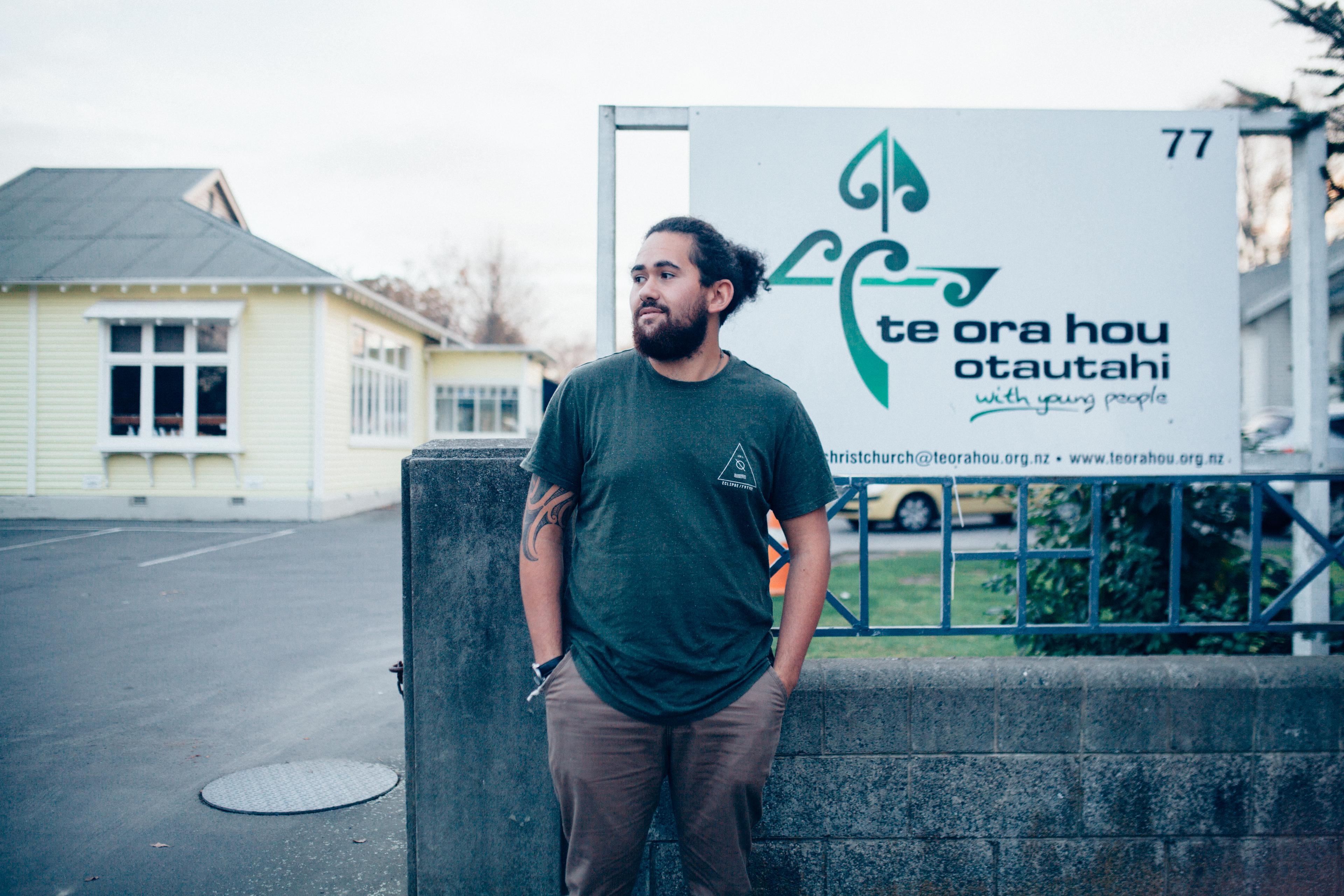 Youth worker Kiwa Kahukura-Denton at his workplace, Te Ora Hou Ōtautahi.