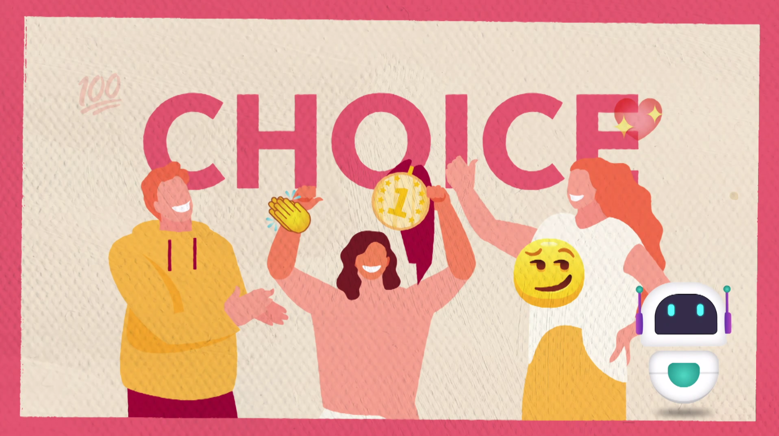 An illustration of three young New Zealanders smiling and gesturing at the word "choice" written above them.