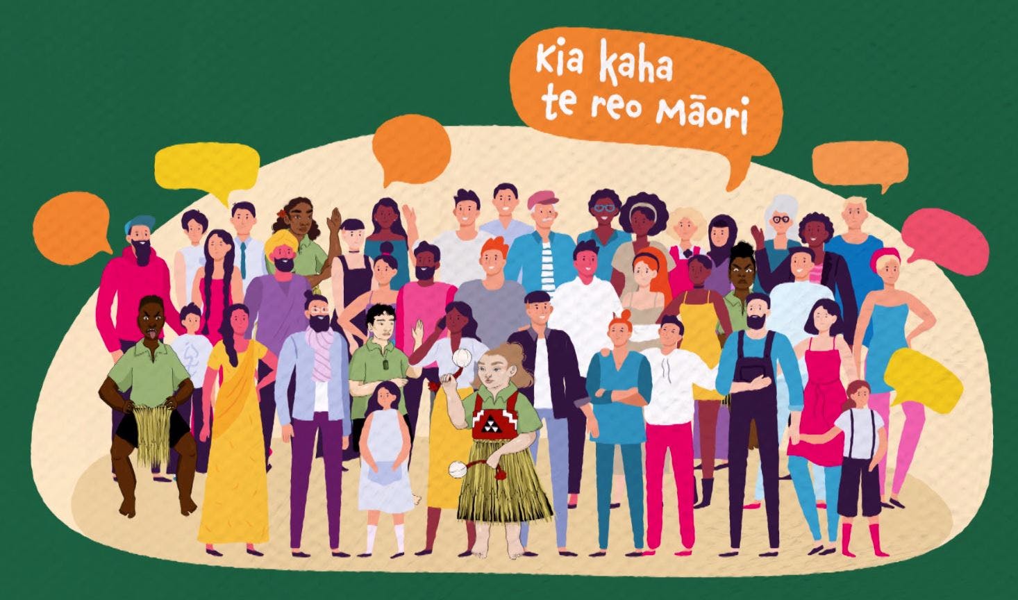 A diverse collection of people celebrating te reo Maori.