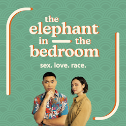 A podcast cover for "The Elephant in the Bedroom" with the tagline "sex. love. race." features a teal background with a repeating pattern of semi-circles. The title is in white and orange text at the top. Below the title are two hosts: a man in a colorful floral shirt and a woman in a beige top.