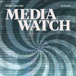 A grey and blue hypnotising illustration on the background with a large title saying "Mediawatch" and words "weekly since 2001" above the title.