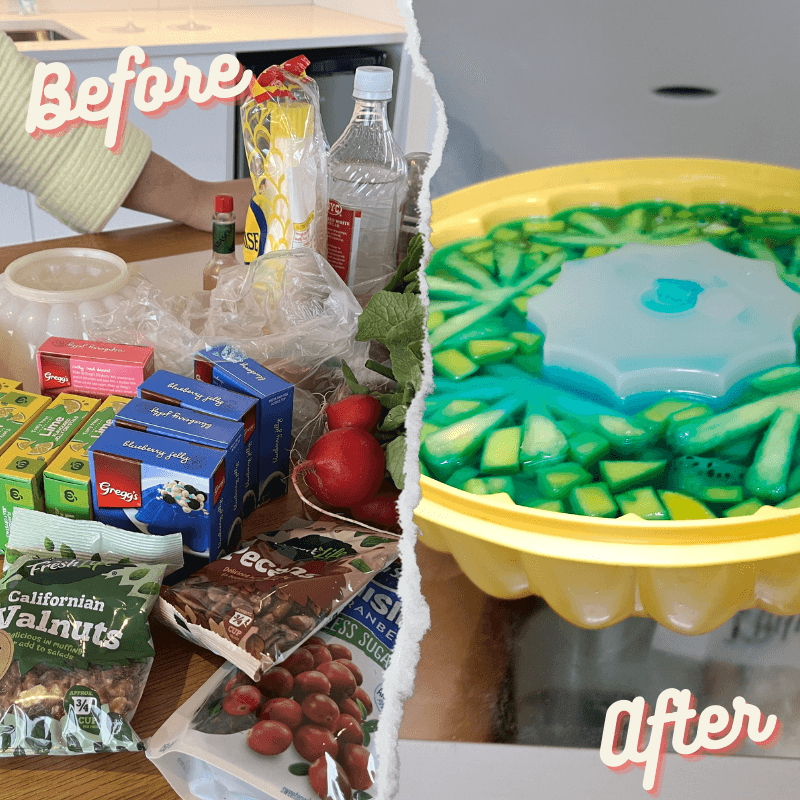 A before and after shot of a pile of ingfredients on the left hand side and the completed dish on the right hand side - what looks like a pile of vivid green julienned and jellied vegetables.