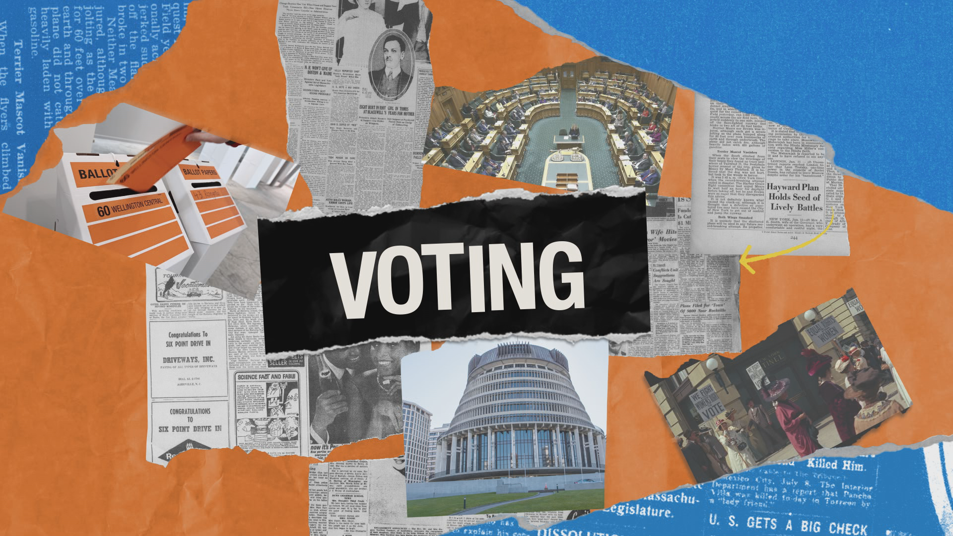 A title of Voting and images of New Zealand parliament and news articles.