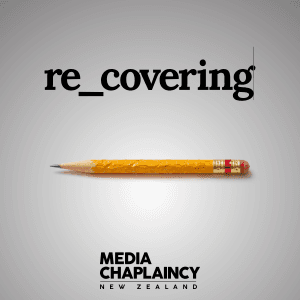 A sharp yellow pencil is placed in the center of a tile with a light grey background. The title 'Recovering' is above the pencil, with an underscore after 'Re'. The Media Chaplaincy New Zealand logo is at the bottom of the tile.