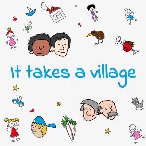 Hand-drawn doodles on a light background. The title is written in a blue, playful font in the center. Around the title are various doodles, including children, a house, a kiwi bird, and an elderly couple. There is also a red heart, a blue car, and stars scattered around the cover.