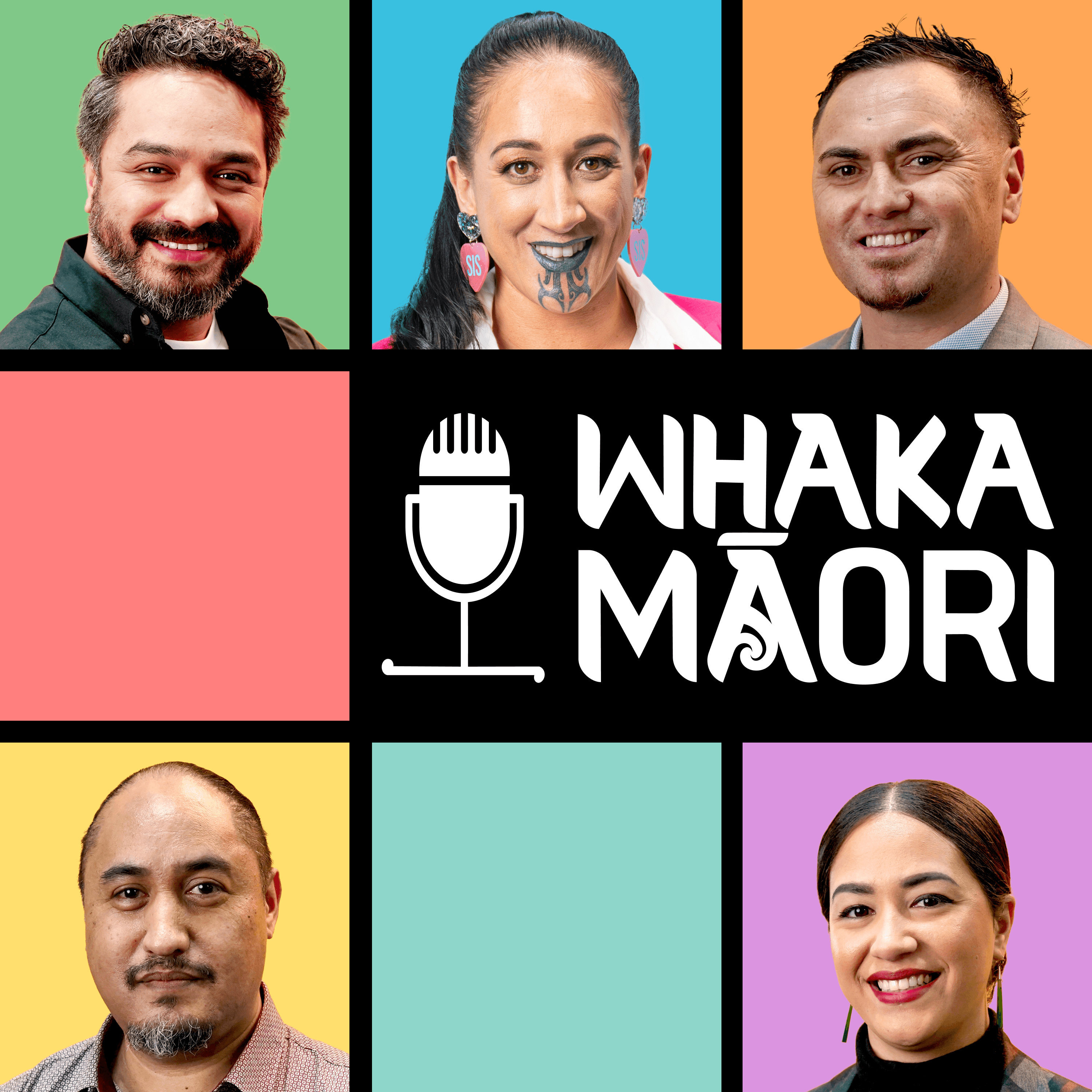 A brightly colours grid of squares where some of the squares include the faces of the five hosts of Whakamāori