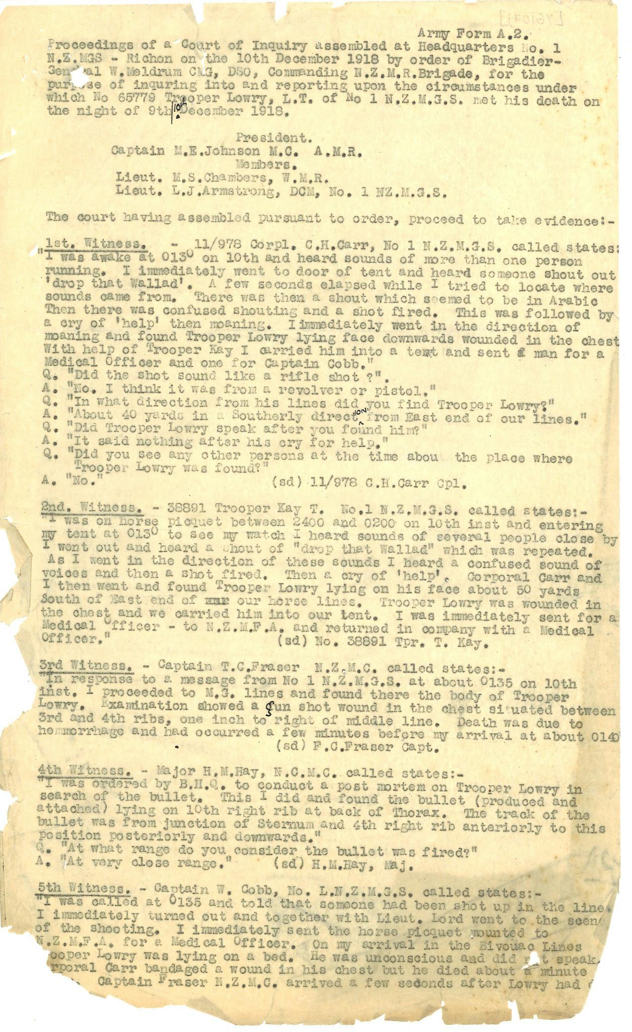 Historical document containing statements of various witnesses to the murder of NZ trooper Leslie Lowry in 1918.