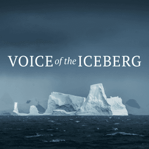 Moody dark blue skies with text reading "Voice of the Iceberg" above several icebergs and choppy dark water.