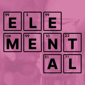 A pink background featuring the word 'ELEMENTAL' spelled out using periodic table-style blocks. Each block contains a black letter and a number, resembling chemical element symbols. In the lower-left corner, there is a logo with a spiral design in white on a red background.