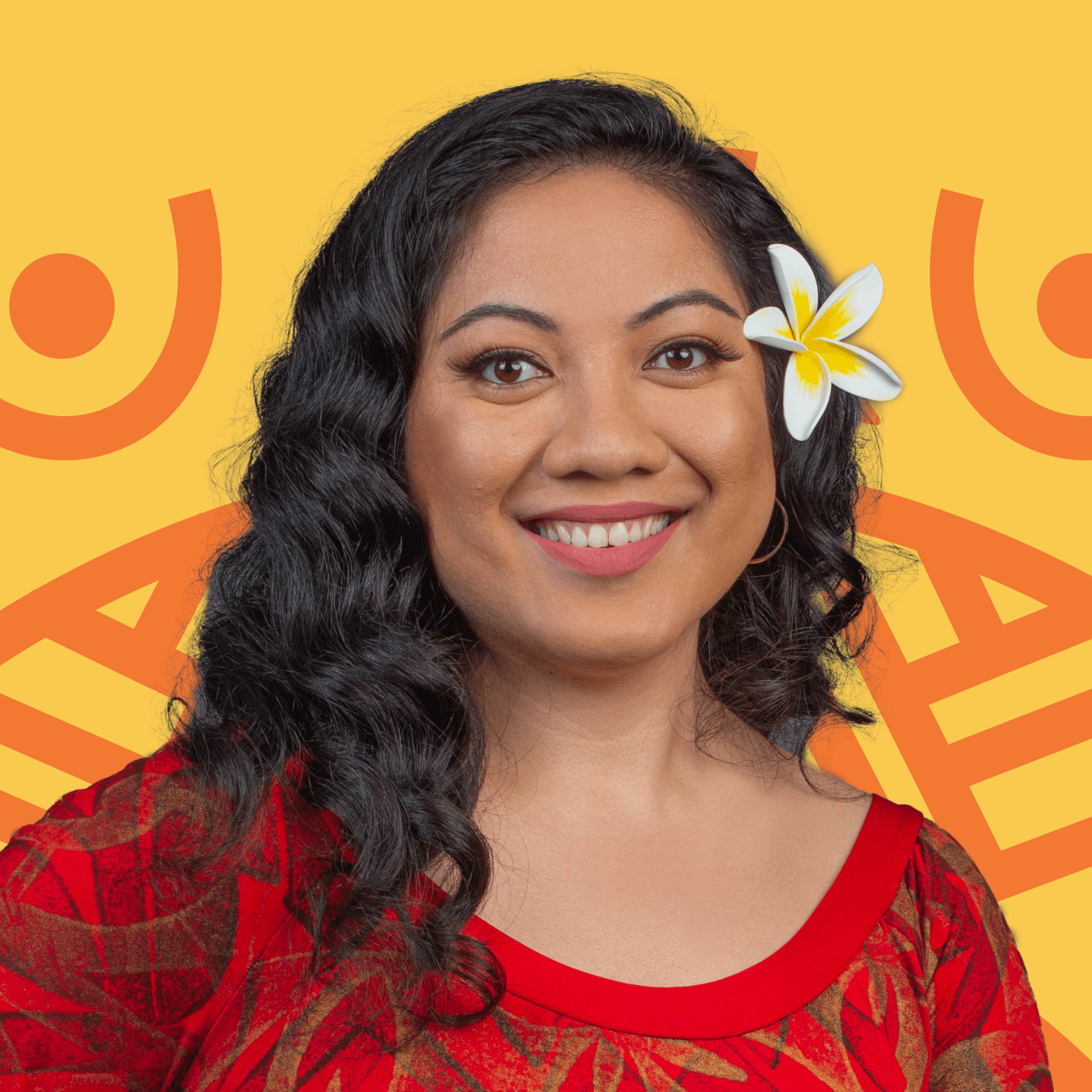 An illustrated motif representing people from the Pacific gathered around a sun sits behind a photographic portrait of Susana Suisuiki.