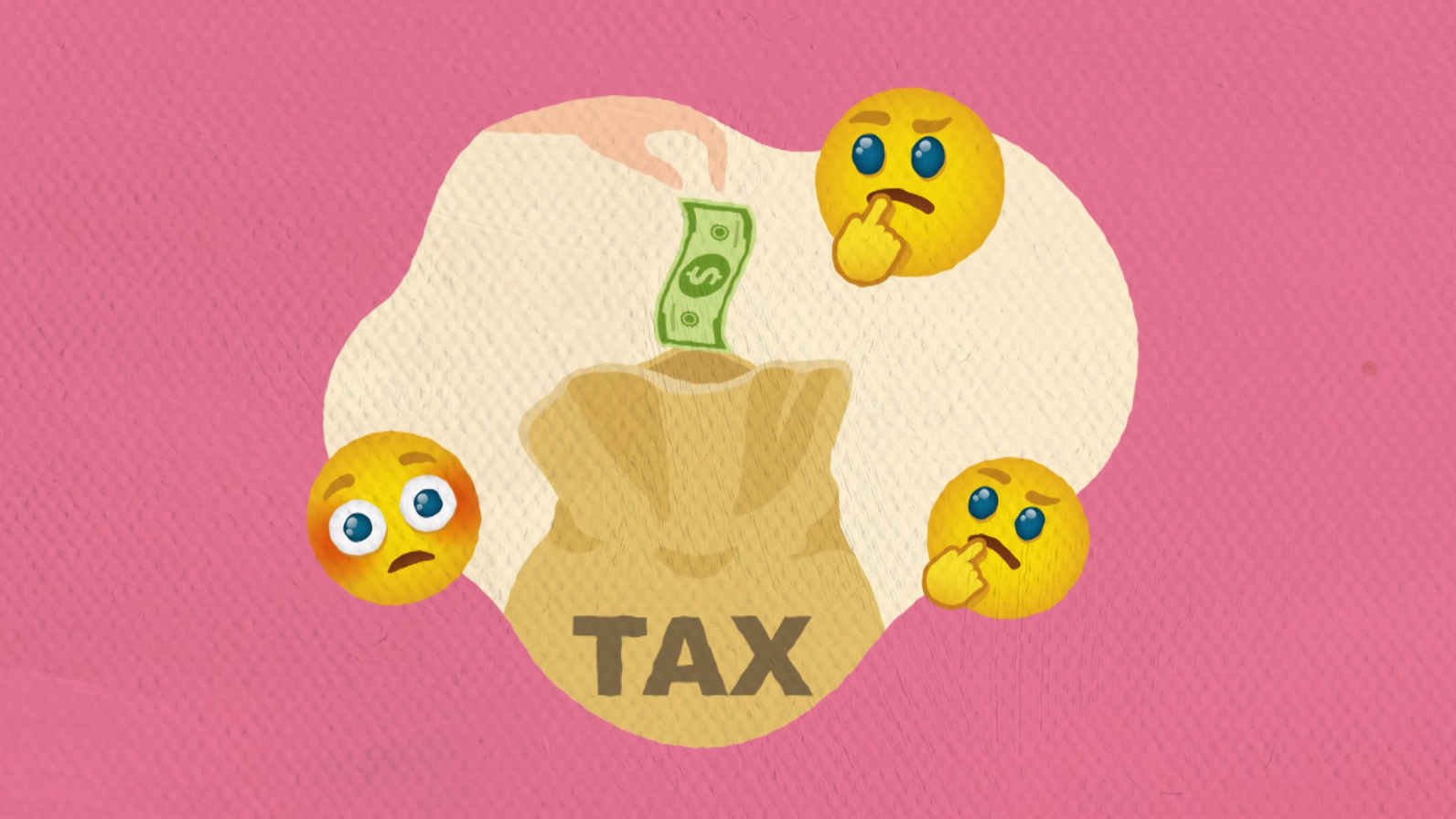 An illustration of a hand dropping a dollar bill into a bag marked "tax". Three face emjoiis signifying question and puzzlement surround it.