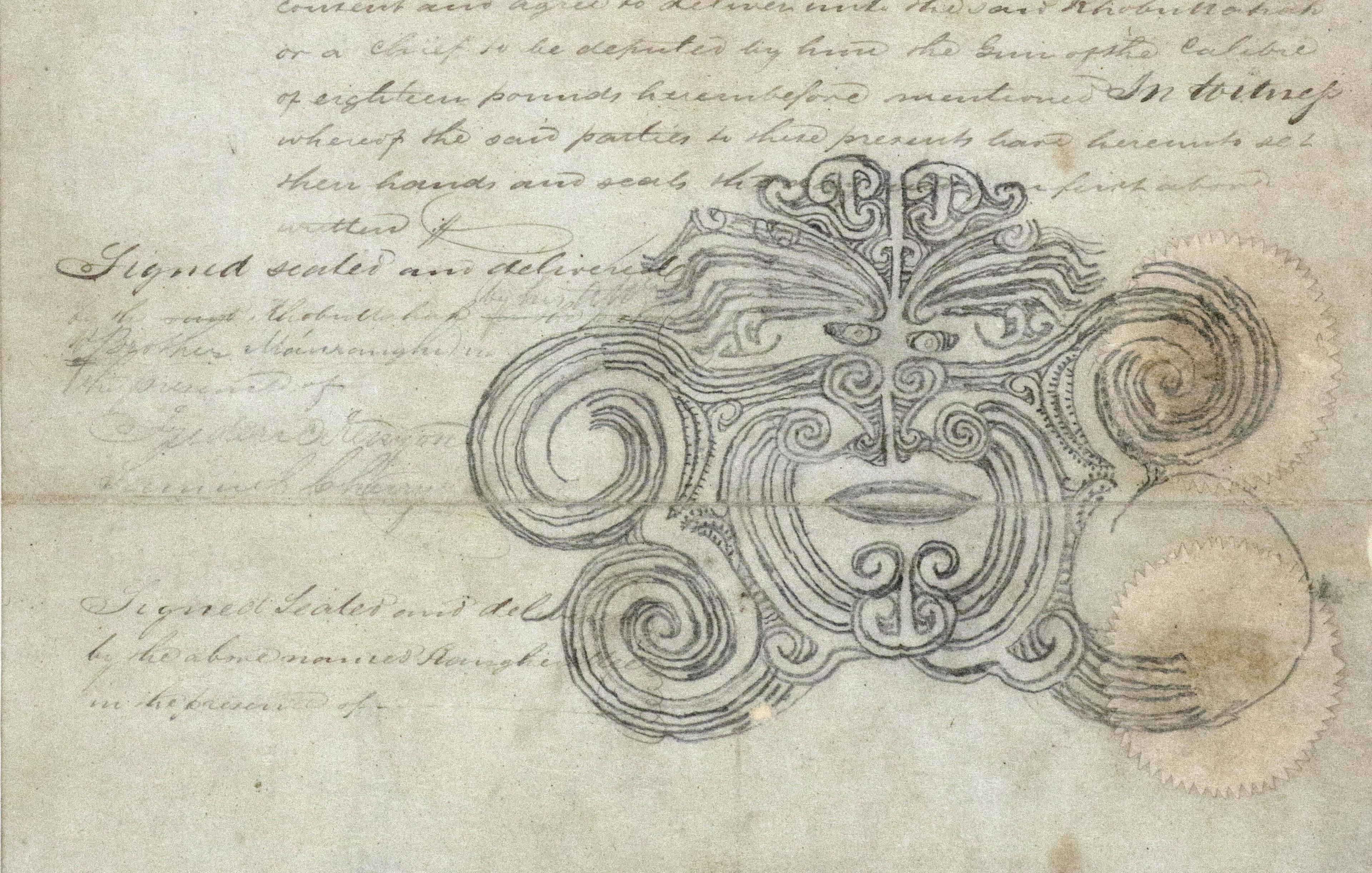 Detail from the deed of sale of Cloudy Bay to John Blenkinsopp. The moko pattern is believed to either belong to Te Rauparaha or Te Rangihaeata.