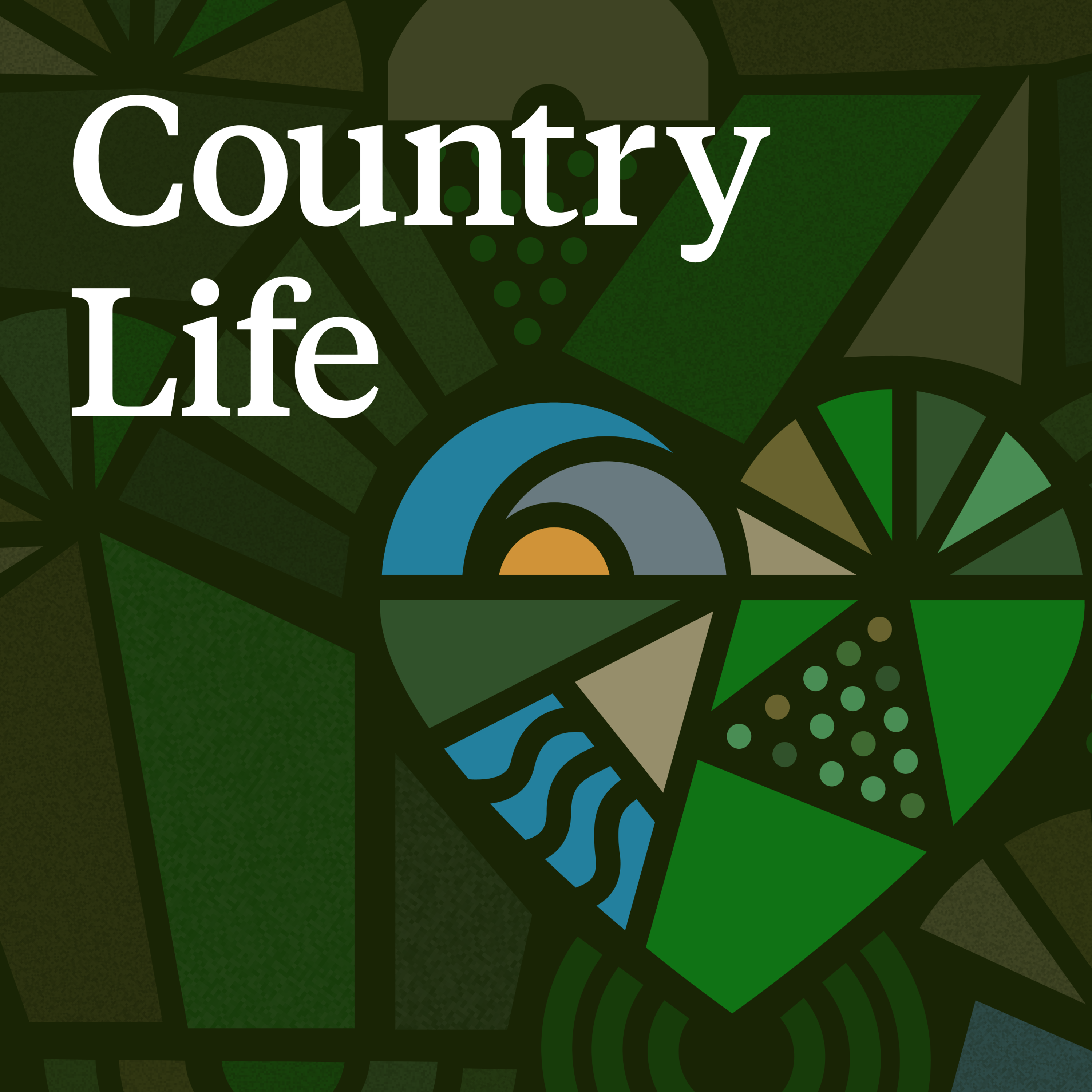 An abstract heart constructed from shapes similar to rural fields seen in aerial photography sits behind the text 'Country Life'.