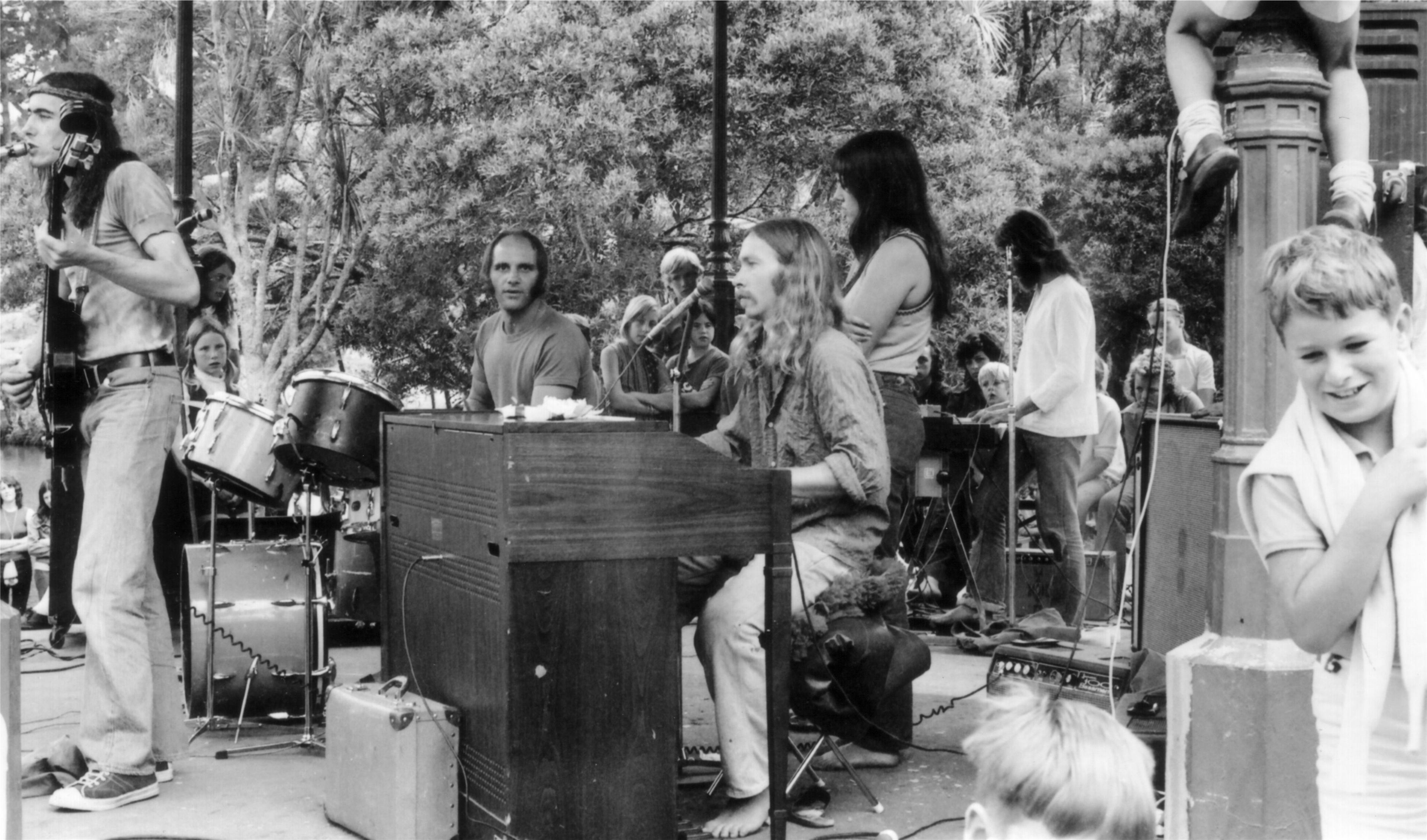 BLERTA kids show at Pukekura Park, New Plymouth on the first North Island tour, 1972. Corben Simpson (vocals), Bruno Lawrence (drums), Alan Moon (hammond organ), Beaver vocals and Chris Seresin keyboards.