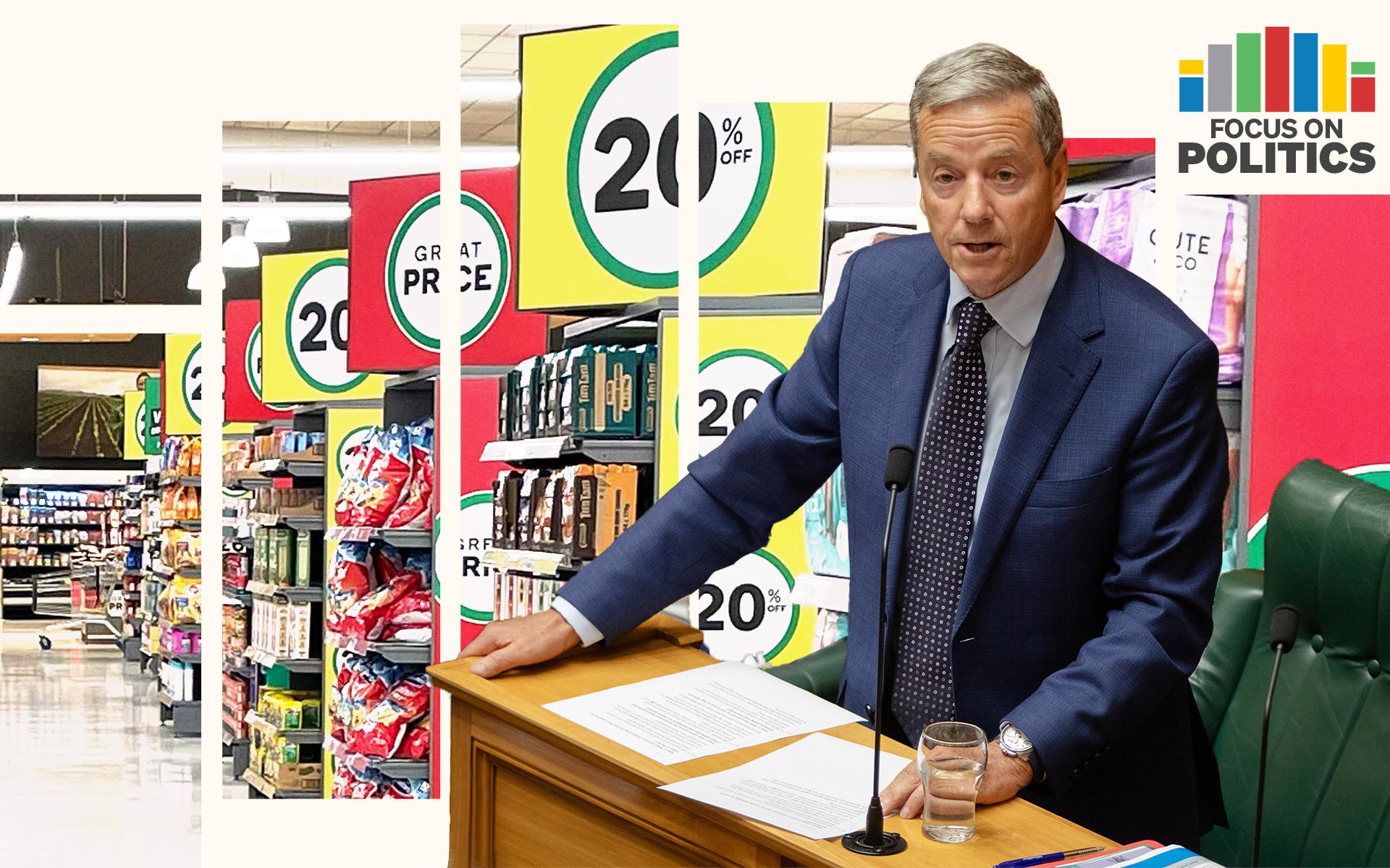 Focus on Policitics: Composite of Andrew Bayly with supermarket aisles in background.