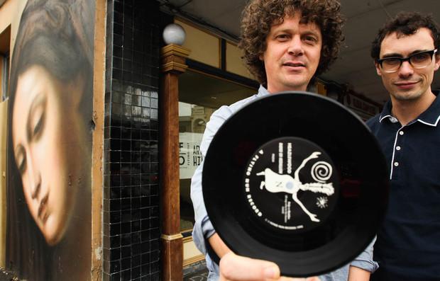 Ben Howe and Matthew Davis outside the Flying Out Record Store.