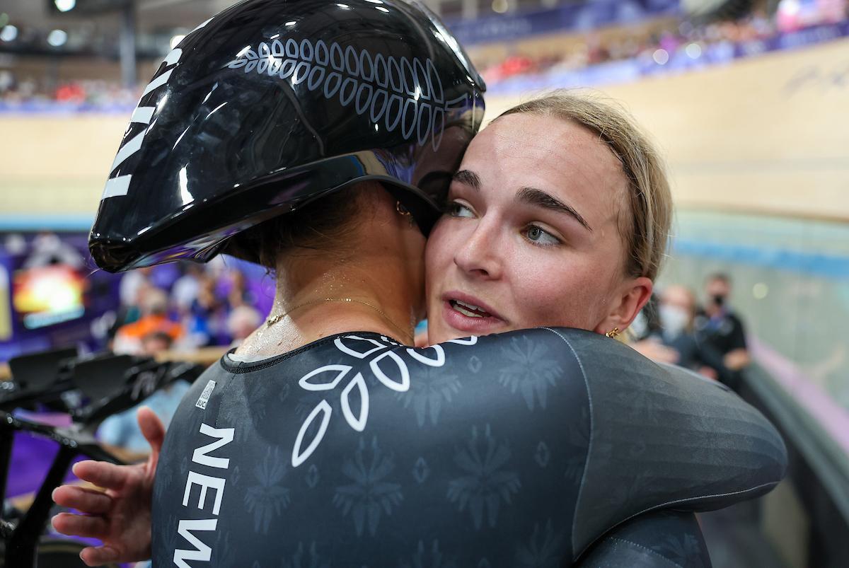 Picture by Alex Whitehead/SWpix.com - 07/08/2024 -  Paris 2024 Olympic Games - Track Cycling - National Velodrome, Saint-Quentin-en-Yvelines, France - Women’s Team Pursuit Final For Gold - Ally Wollaston, Bryony Botha, Emily Shearman, Nicole Shields (New Zealand) after winning the Olympic Bronze Medal