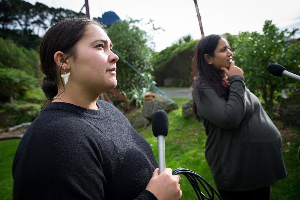 (L-R) Kahu Kutia and Pare Sannyasi in the grounds of Tapu Te Ranga marae