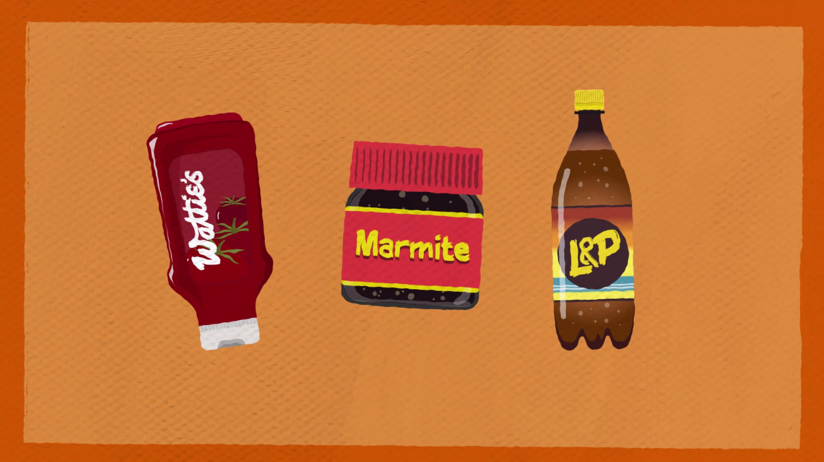 An illustration of a Watties tomato sauce bottle, a jar of Marmite and a bottle of L&P softdrink.